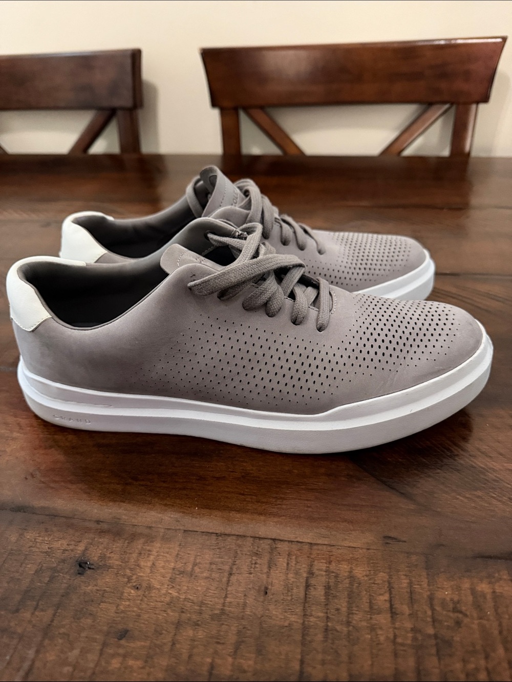 Cole Haan Gray Perforated Leather Lace-Up Sneakers with White Heel